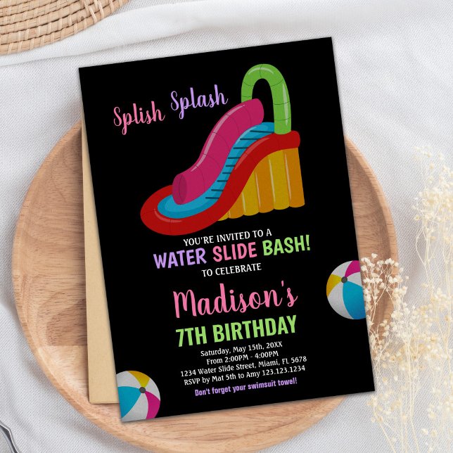 Colores Invitaciones de cumpleaños a la diapositiv (Colors Black Pink Water Slide Birthday Invitations)