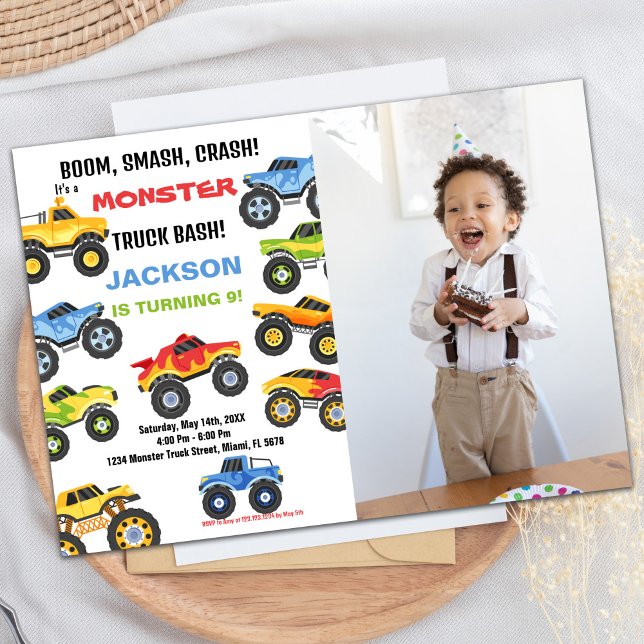 Colores Monster Camión Invitación al cumpleaños Fo (Colours Monster Truck Birthday Invitations Photo)