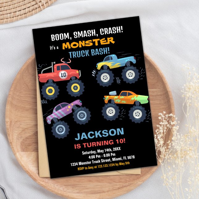 Colores Monster Camión Invitaciones de cumpleaños  (Colours Monster Truck Birthday Invitations Black B)