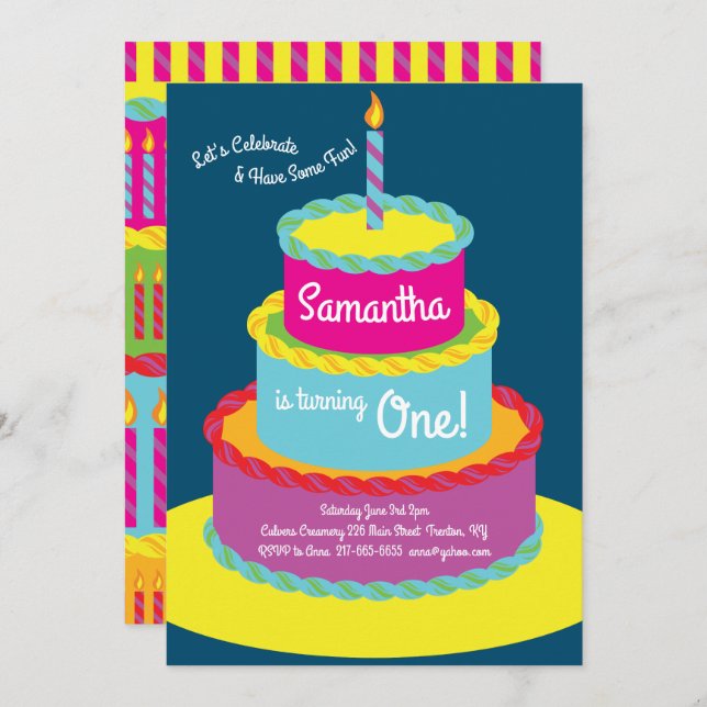 Colorful Cake1st Birthday Cute Invitaciones (Anverso / Reverso)