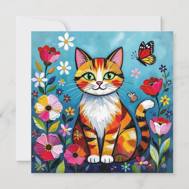 Colorful Cat, Flowers and Butterfly  (Anverso)