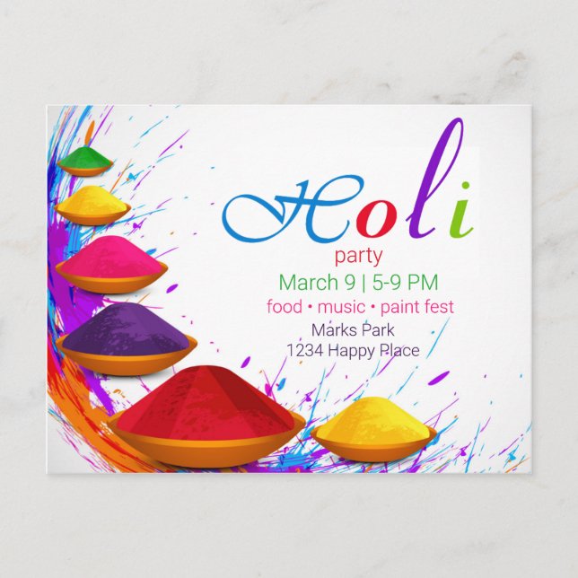 Colorful Happy Holi Powders Bowls Invitación al ev (Anverso)