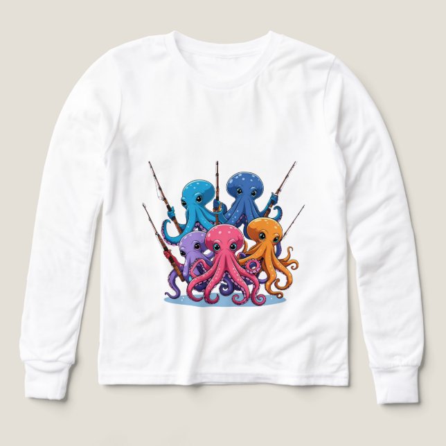Colorful Octopus Fishing – Kids’ Long Sleeve Tee (Diseño frontal)