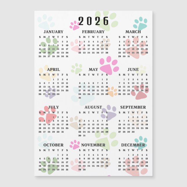 Colorful Paw Prints 2026 Calendar Magnetic Card (Anverso)