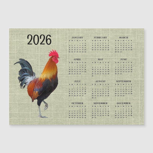 Colorful Rooster 2026 Calendar Magnetic Card (Anverso)