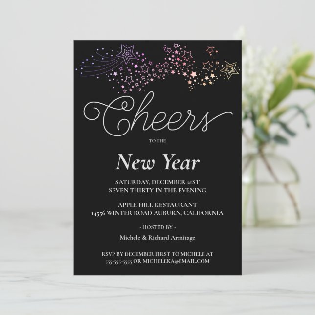 Colorful Shooting Stars Invitación de Año Nuevo (Anverso de pie)