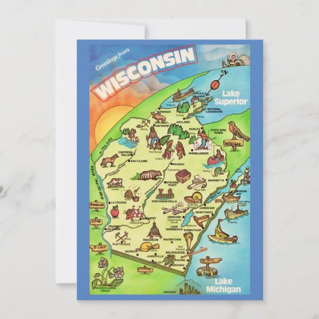 Colorfully Illustrated 5x7 Big Wisconsin Postcard (Anverso)