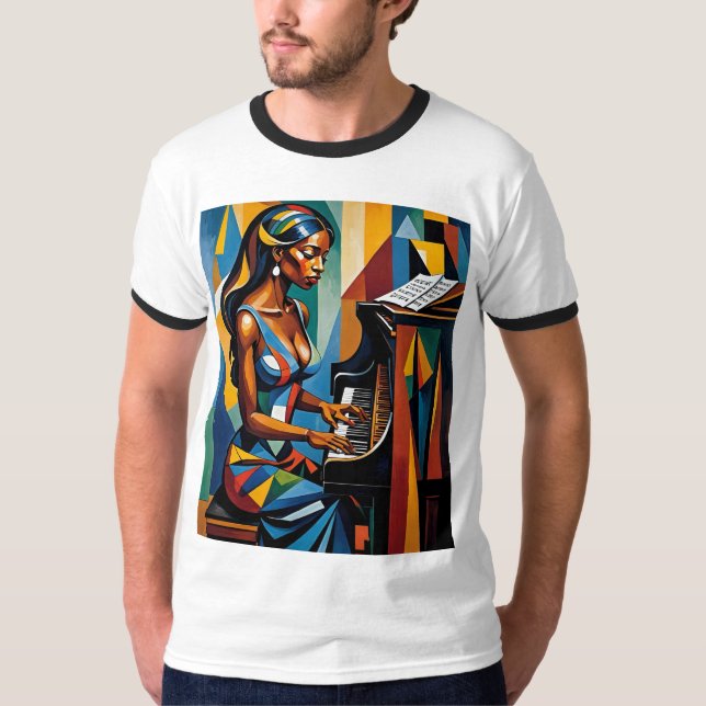 Colorida abstracta camiseta pianista de mujer negr (Anverso)