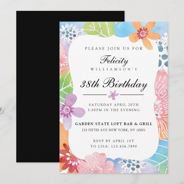 Colorida acuarela Floral Invitación al cumpleaños (Anverso / Reverso)