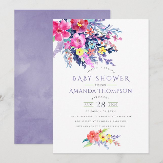 Colorida acuarela Floral Invitación Baby Shower (Anverso / Reverso)