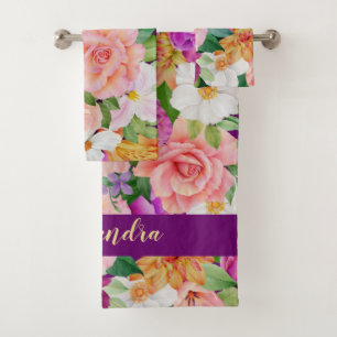Colorida acuarela Floral morado rosado monograma