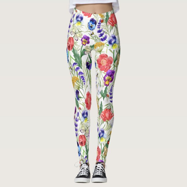 Colorida acuarela Flores salvajes Poppies Leggings (Anverso)