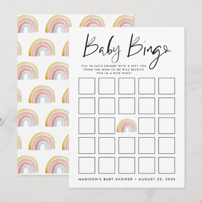 Colorida acuarela Rainbow Baby Shower Bingo Card (Anverso / Reverso)