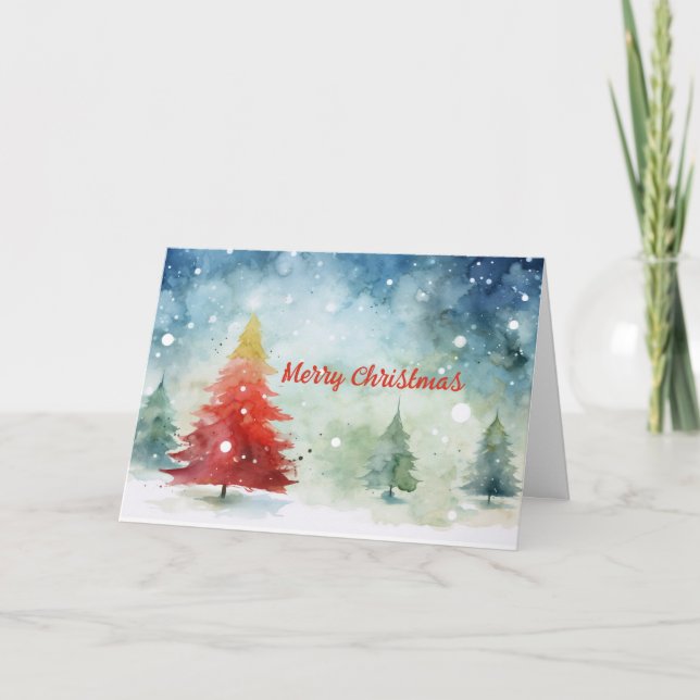 Colorida acuarela Tarjeta de Navidades de árboles  (Anverso)