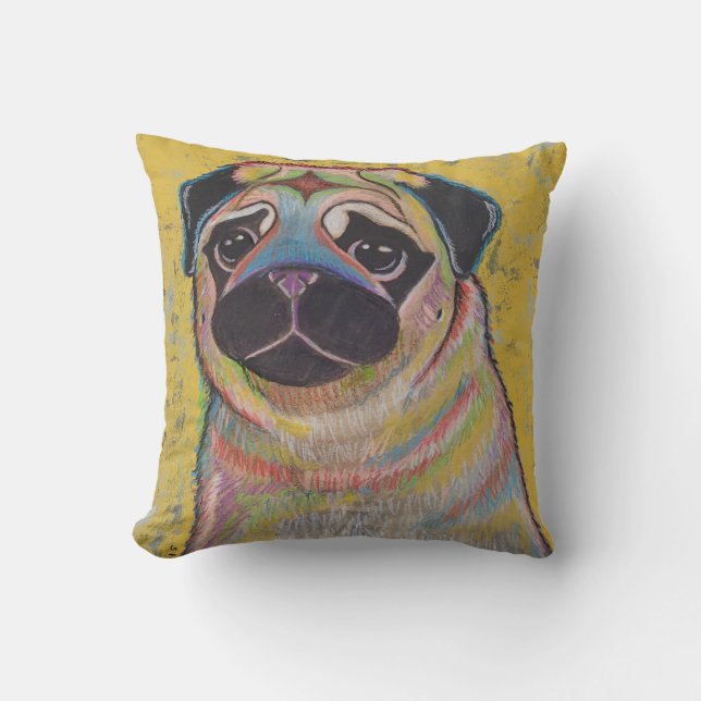 Colorida almohada Pug sobre fondo amarillo (Anverso)