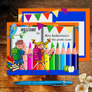 Colorida bienvenida de vuelta a la postal escolar