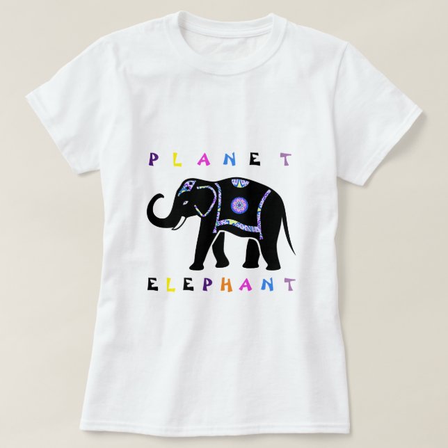Colorida camiseta de elefante planetario (Diseño del anverso)