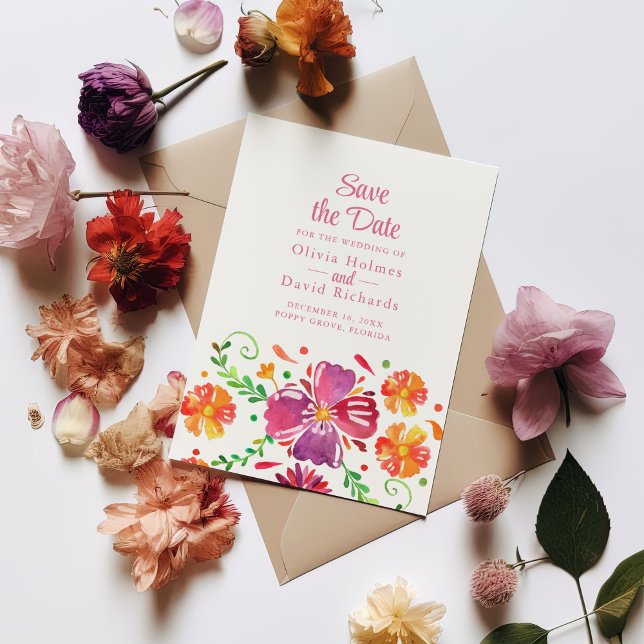 Colorida Fiesta floral mexicana salva la tarjeta d (Colorful Mexican Floral Fiesta Save the Date Card on a table with colorful flowers.)
