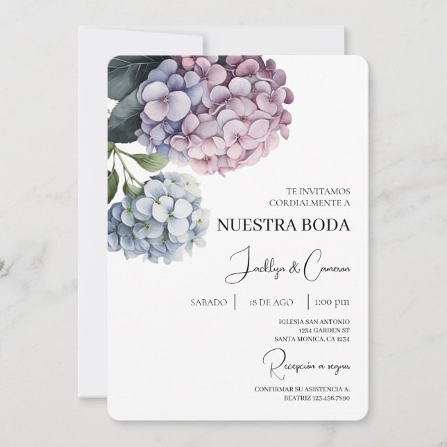 Colorida hidrangea Invitación a la boda española (Anverso)