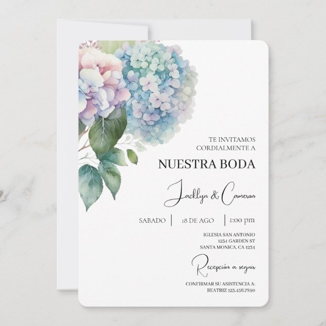 Colorida hidrangea Invitación a la boda española (Anverso)