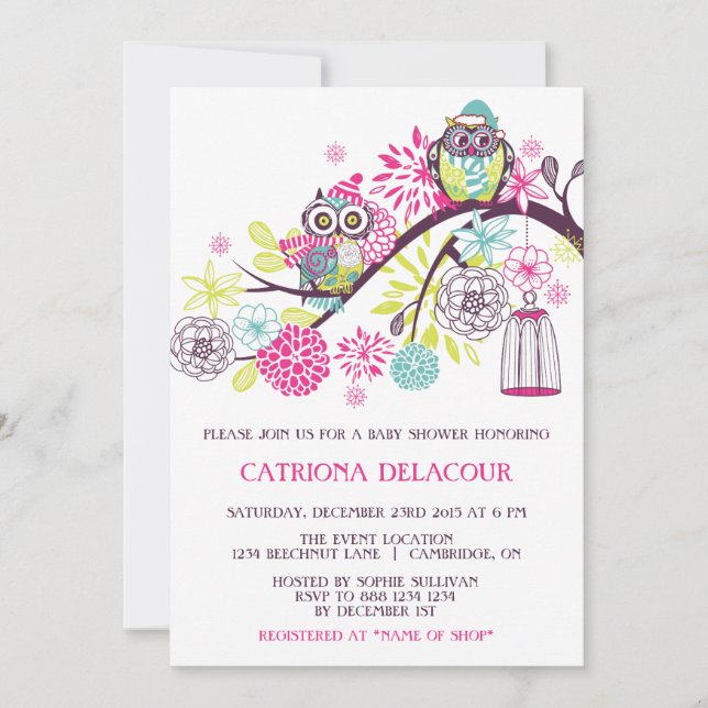 Colorida invitación a Baby Shower de búhos de invi (Anverso)