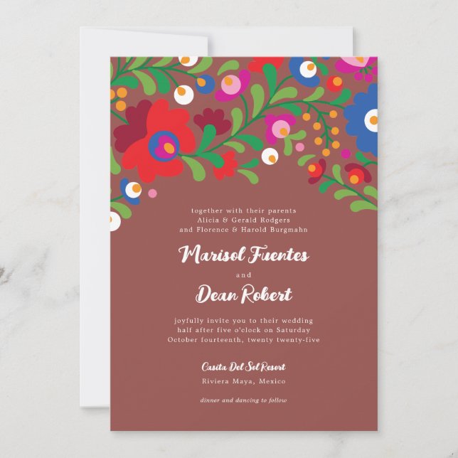 Colorida invitación a bodas mexicanas (Anverso)
