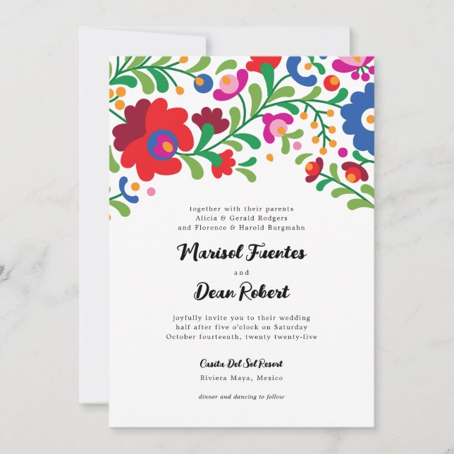Colorida invitación a bodas mexicanas (Anverso)