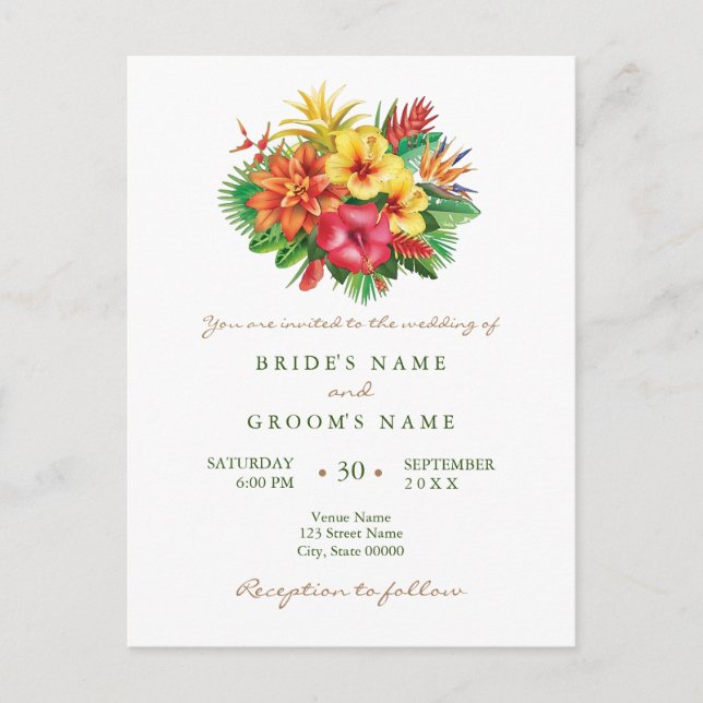 Colorida invitación a bodas tropicales (Anverso)