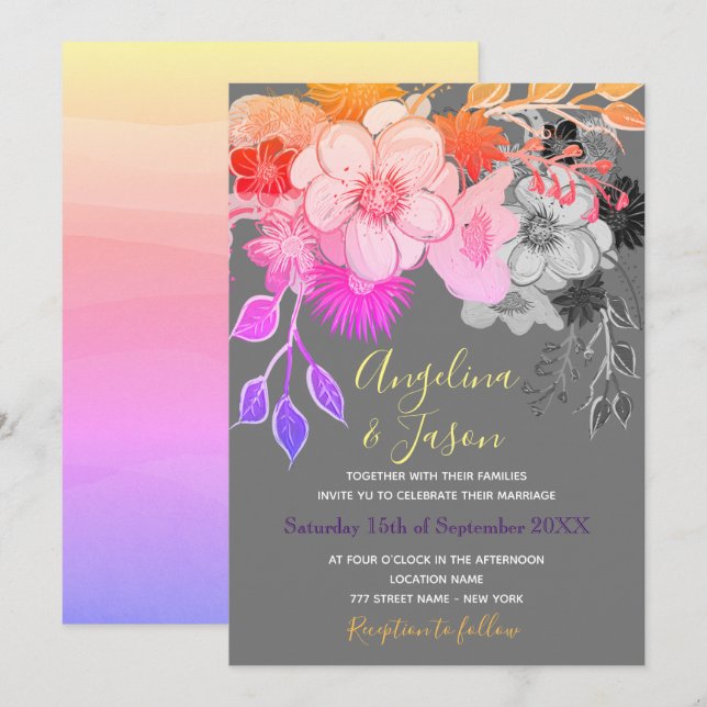 Colorida invitación a Boho Floral Wedding (Anverso / Reverso)