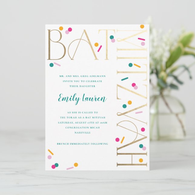 Colorida invitación a Confetti Bat Mitzvah (Anverso de pie)