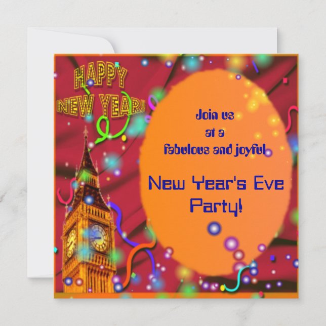 Colorida invitación a fiesta de Año Nuevo (Anverso)