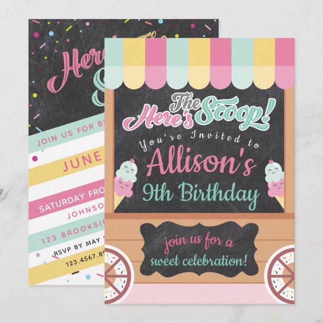 Colorida invitación a fiesta de cumpleaños de crem (Anverso / Reverso)