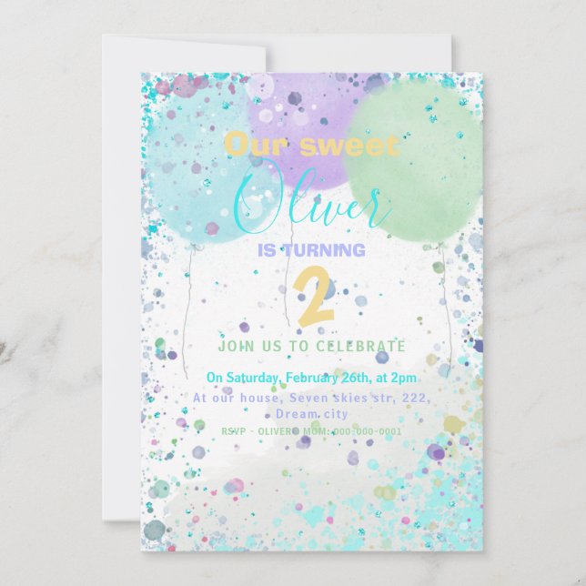 Colorida invitación a fiesta de cumpleaños de un n (Anverso)