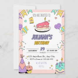 Colorida invitación a fiesta de cumpleaños ilustra