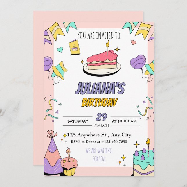 Colorida invitación a fiesta de cumpleaños ilustra (Anverso / Reverso)