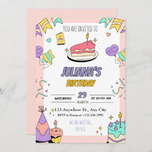 Colorida invitación a fiesta de cumpleaños ilustra