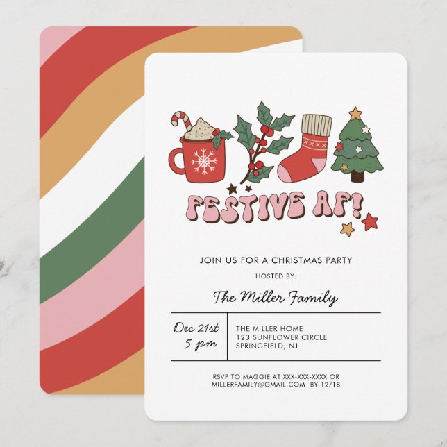 Colorida invitación a fiesta de Navidades retro (Anverso / Reverso)