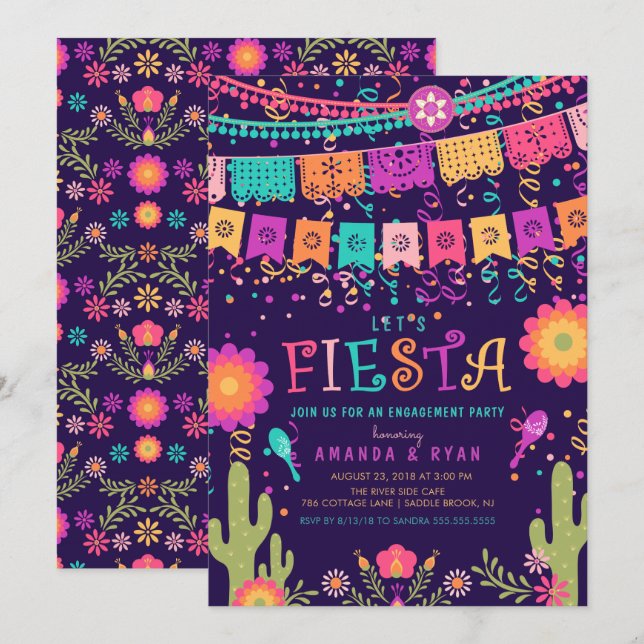 Colorida invitación a Fiesta Engagement Party (Anverso / Reverso)