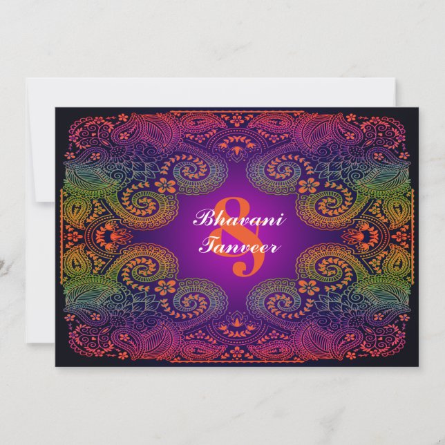 Colorida invitación a la boda de un paisley arcoir (Anverso)