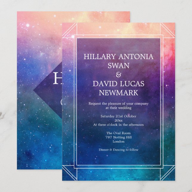 Colorida invitación a la boda moderna nebulosa (Anverso / Reverso)