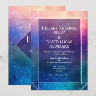 Colorida invitación a la boda moderna nebulosa