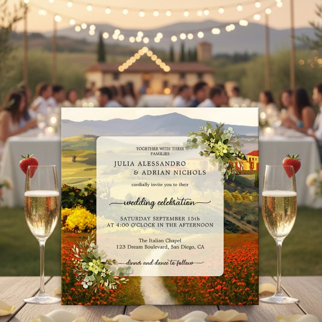 Colorida invitación a la boda toscana (Italian wedding invitation featuring a fine art painting of an Italy inspired landscape scene)
