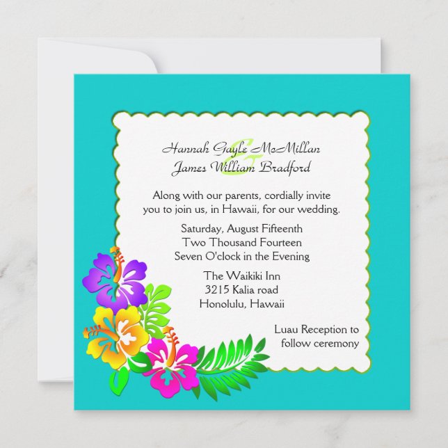 Colorida invitación a la boda tropical hawaiana (Anverso)