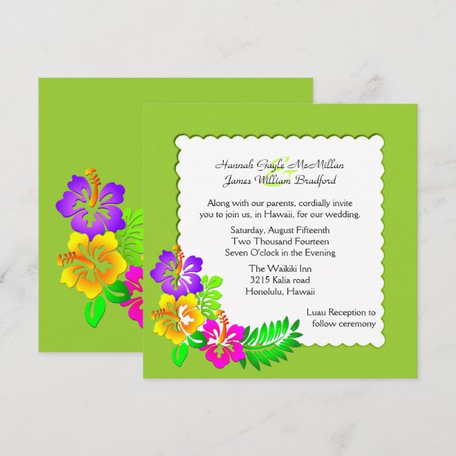 Colorida invitación a la boda tropical hawaiana (Anverso / Reverso)