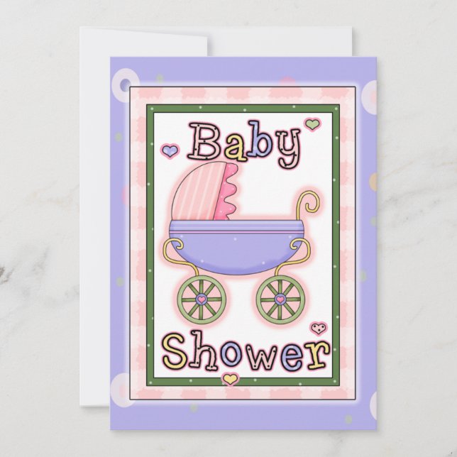 Colorida invitación a la ducha de bebé Pram (Anverso)