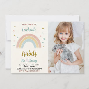 Colorida invitación al cumpleaños arcoiris con fot