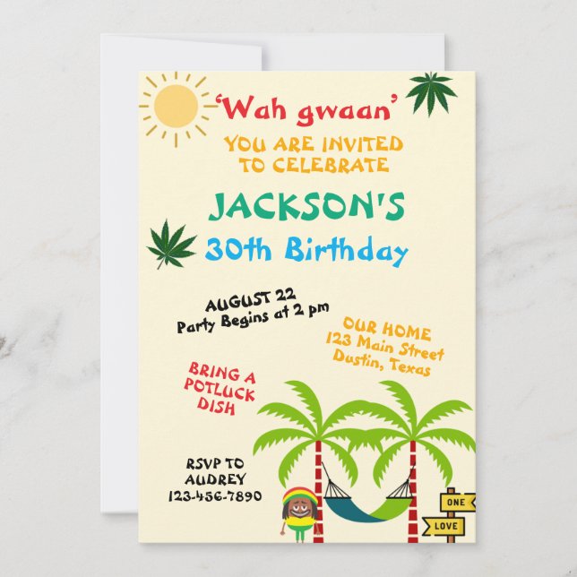 Colorida invitación al cumpleaños de adultos jamai (Anverso)