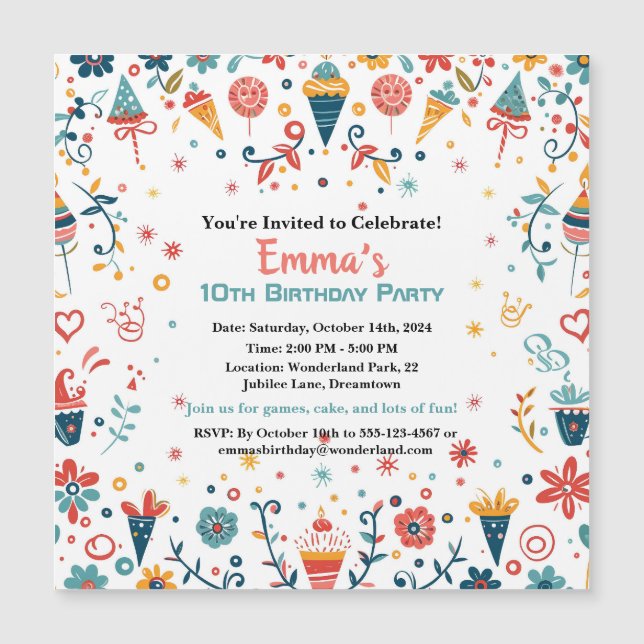 "Colorida invitación al cumpleaños de Confetti (Anverso)