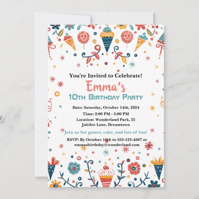 "Colorida invitación al cumpleaños de Confetti (Anverso)