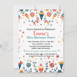 "Colorida invitación al cumpleaños de Confetti